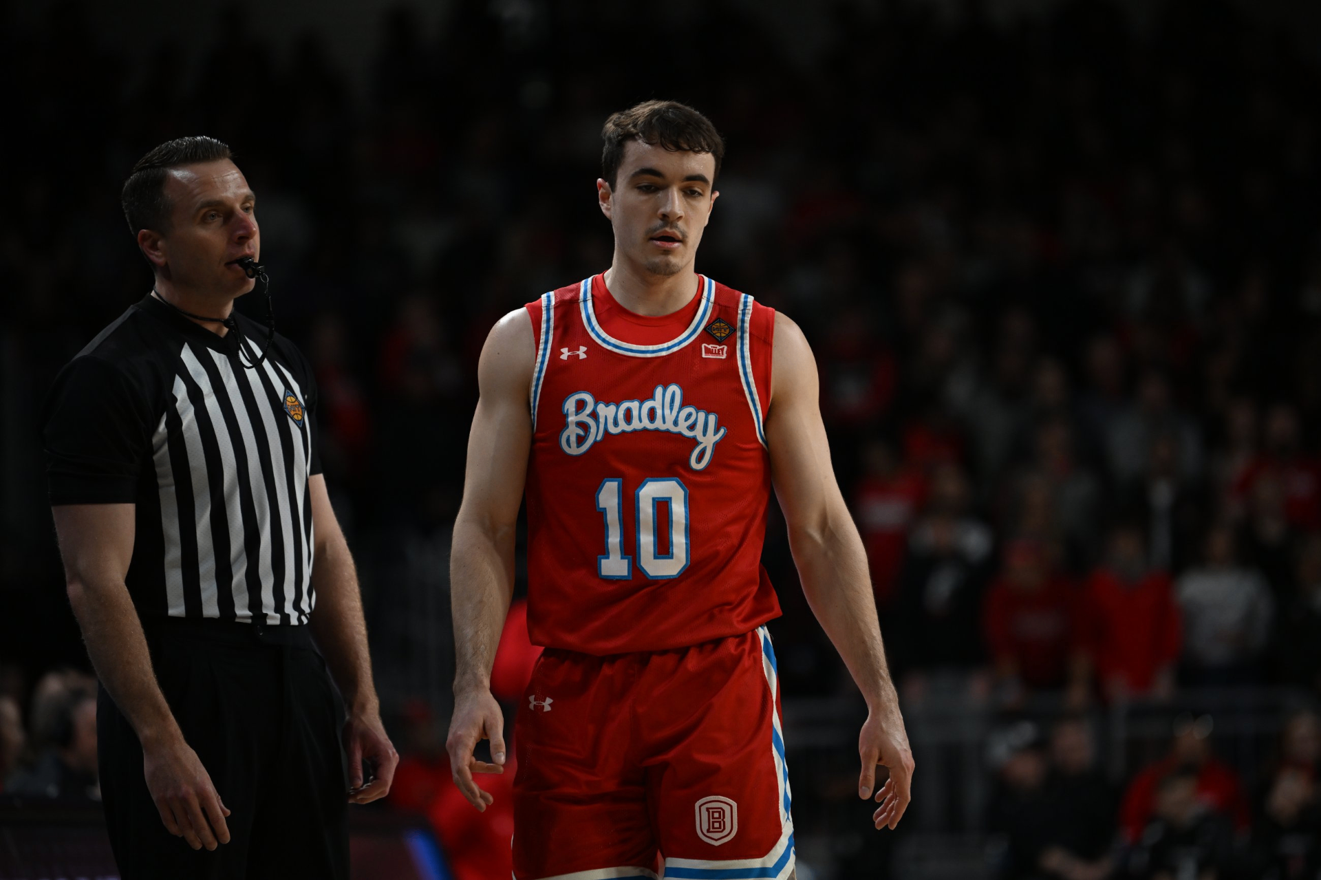 Connor Hickman on the court in a Bradley uniform